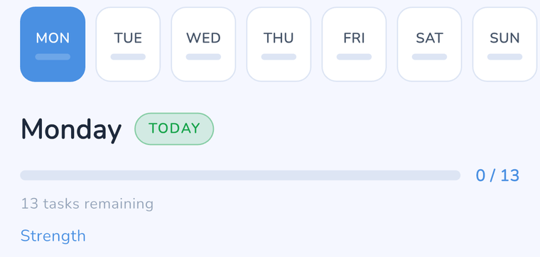 The Heaven Health app today: the Perfect Week plan, with this week's days and today's tasks