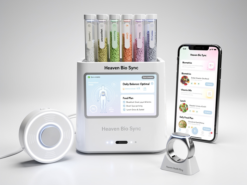 The Heaven Biosync kit on a counter: the supplement measure with its sealed canisters, the fingertip blood test analyser, the Heaven Halo ring on its dock, and the app on a phone