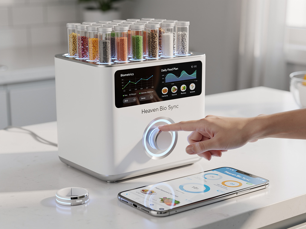 Heaven Bio Sync in a kitchen, with the Halo ring and the app